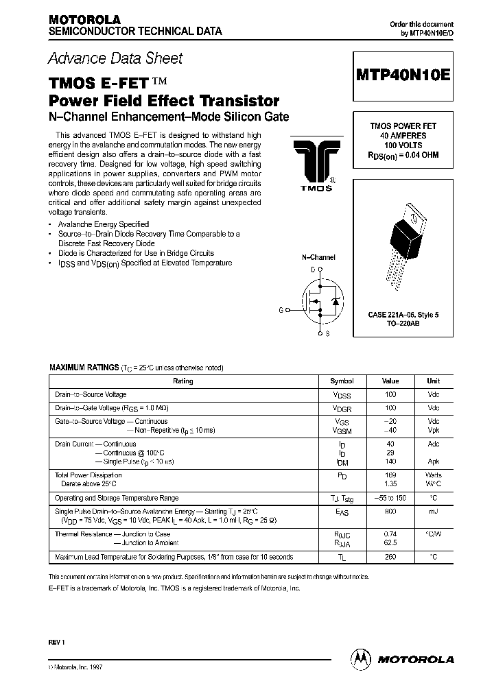 MTP40N10E_64988.PDF Datasheet