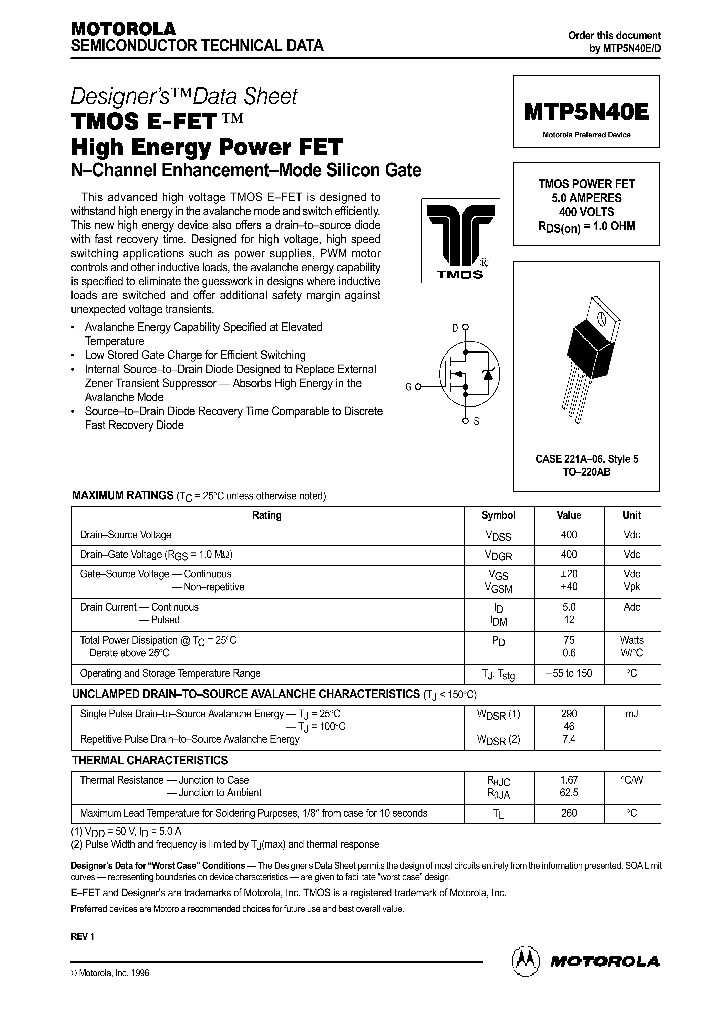 MTP5N40E_65046.PDF Datasheet