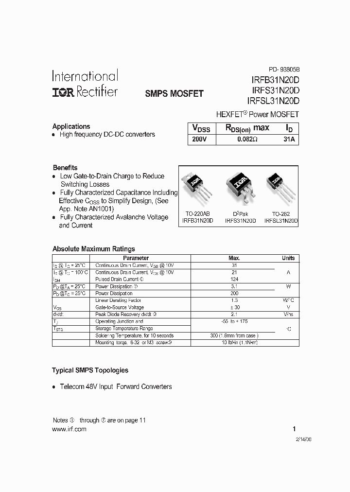 IRFSL31N20D_223942.PDF Datasheet