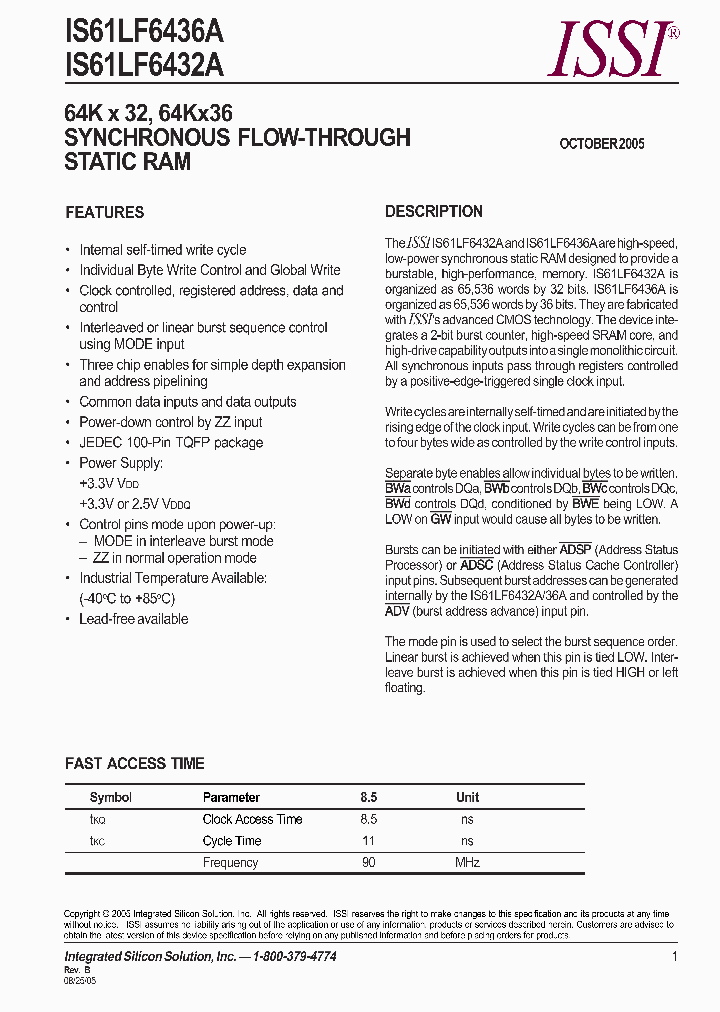 IS61LF6436A-85TQI_466335.PDF Datasheet
