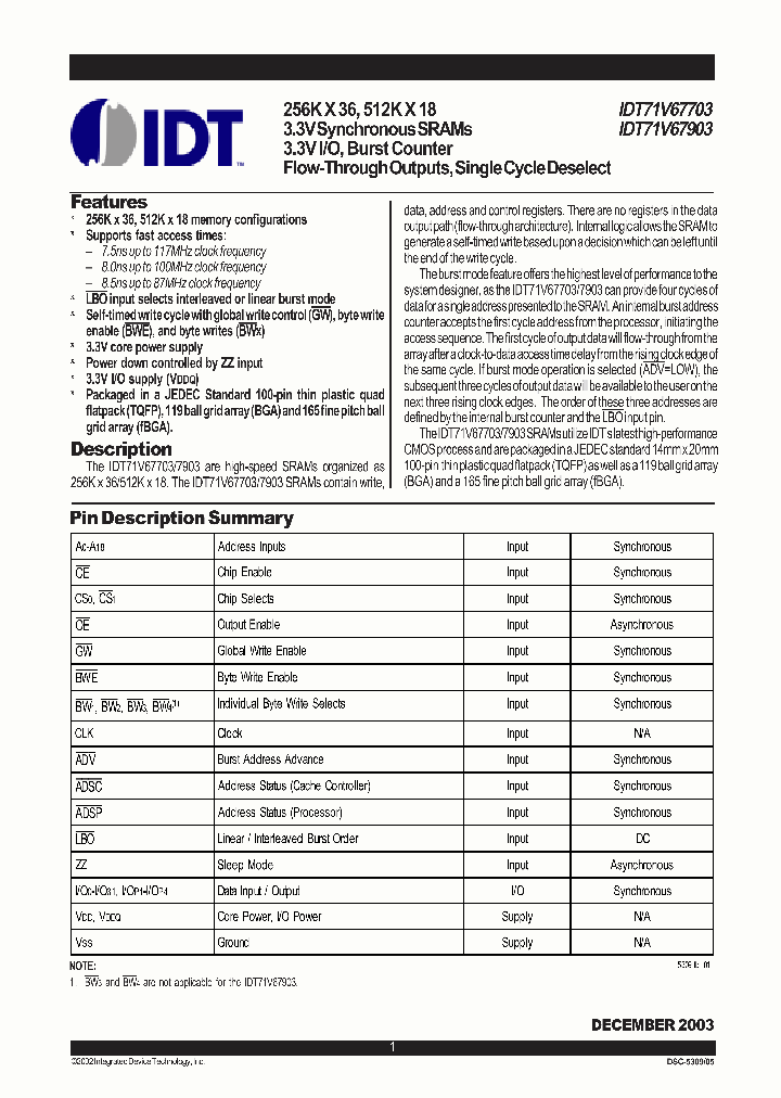 IDT71V67903_718892.PDF Datasheet
