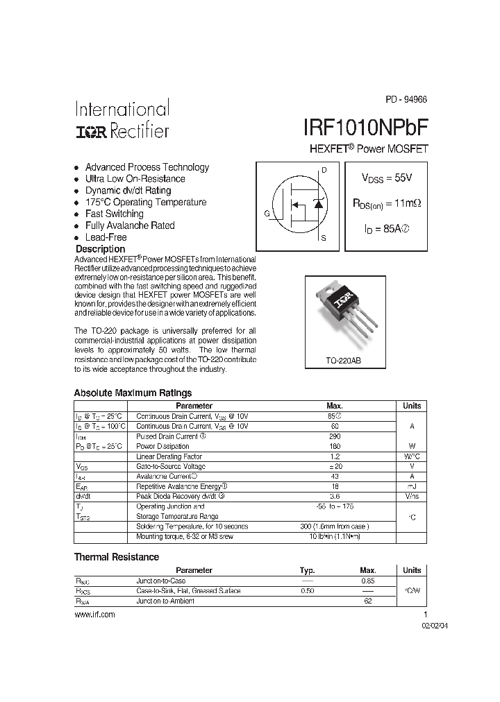 IRF1010NPBF_610906.PDF Datasheet