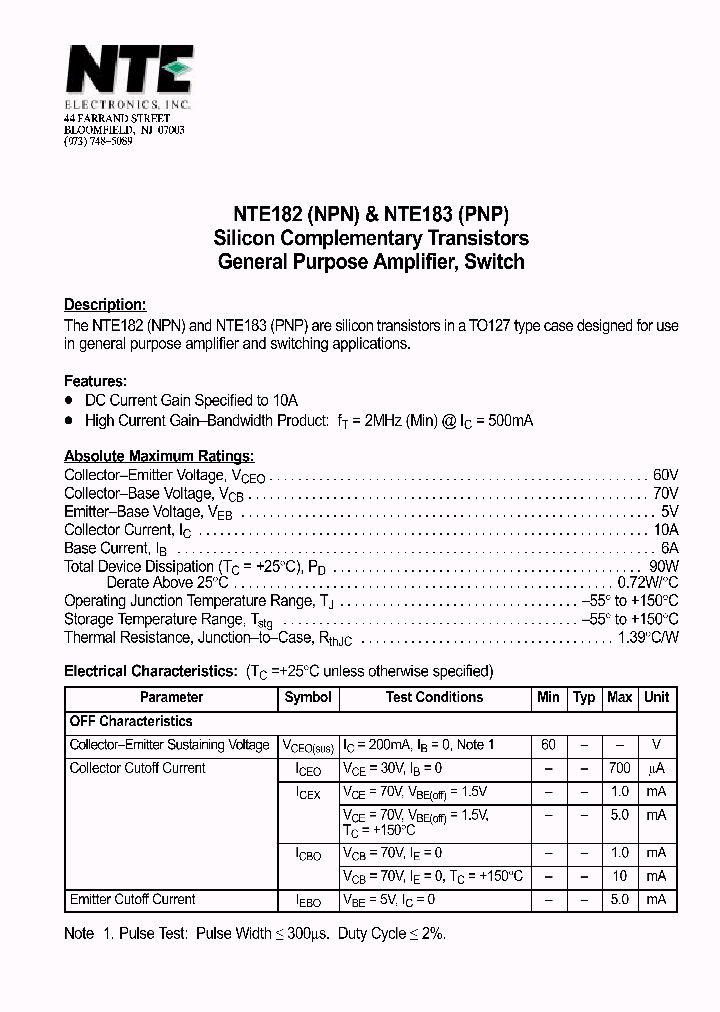 NTE182_939365.PDF Datasheet