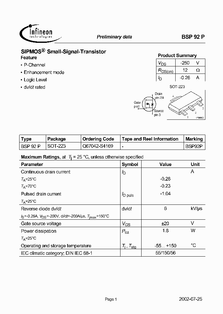 BSP92P_1160151.PDF Datasheet