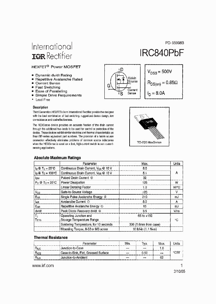 IRC840PBF_1255292.PDF Datasheet