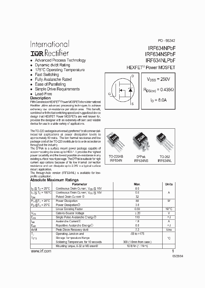 IRF634NSPBF_1255484.PDF Datasheet