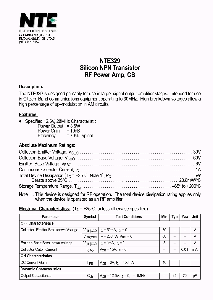 NTE329_1290842.PDF Datasheet