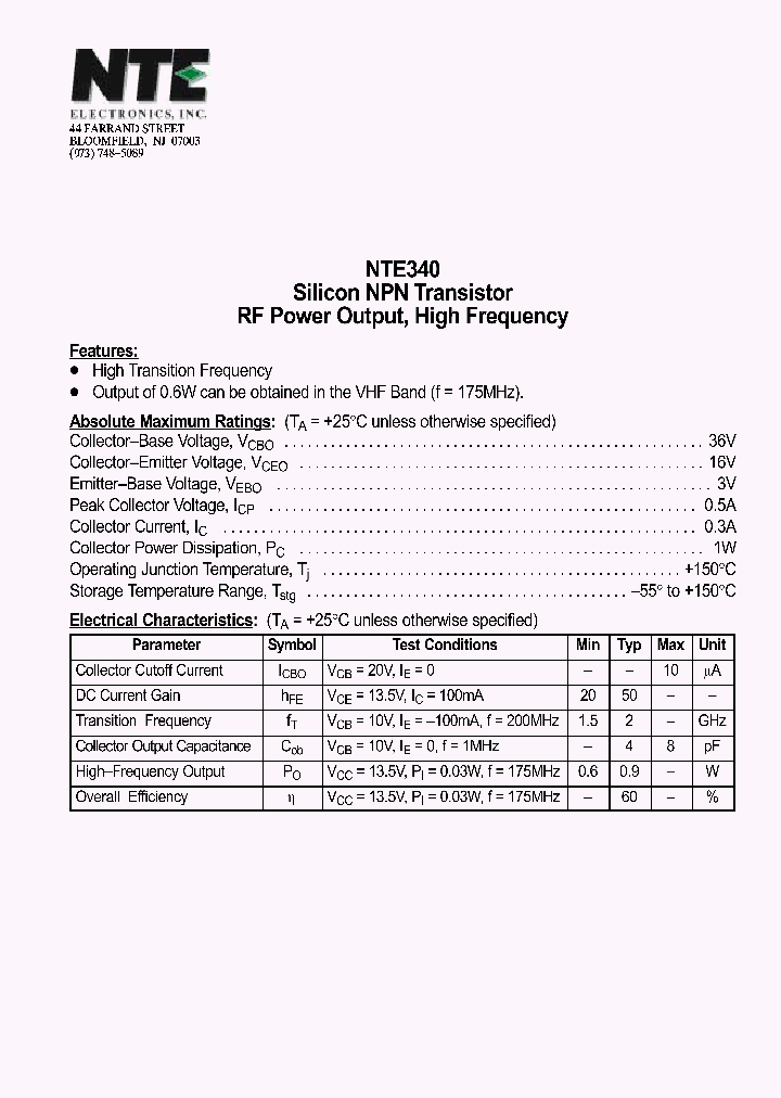 NTE340_1290855.PDF Datasheet