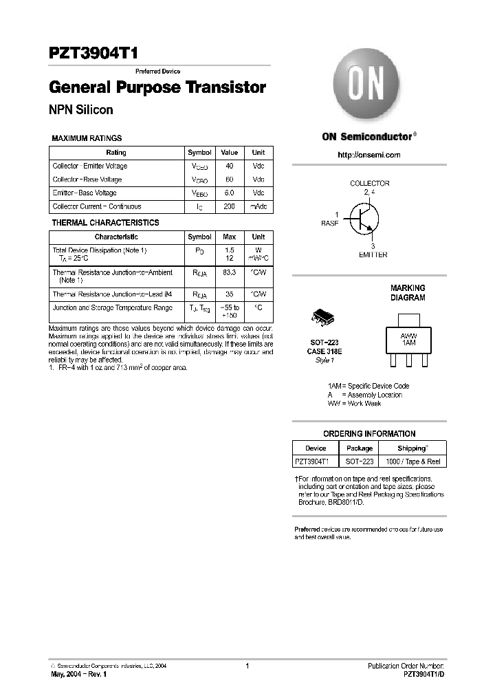 PZT3904T1_1298594.PDF Datasheet