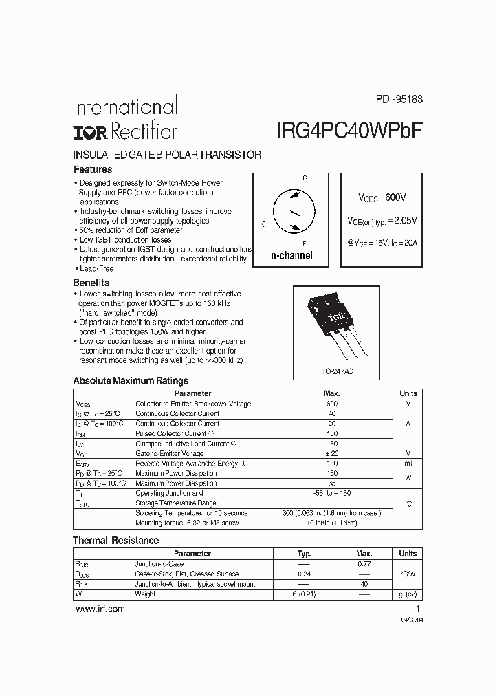 IRG4PC40WPBF_4112926.PDF Datasheet