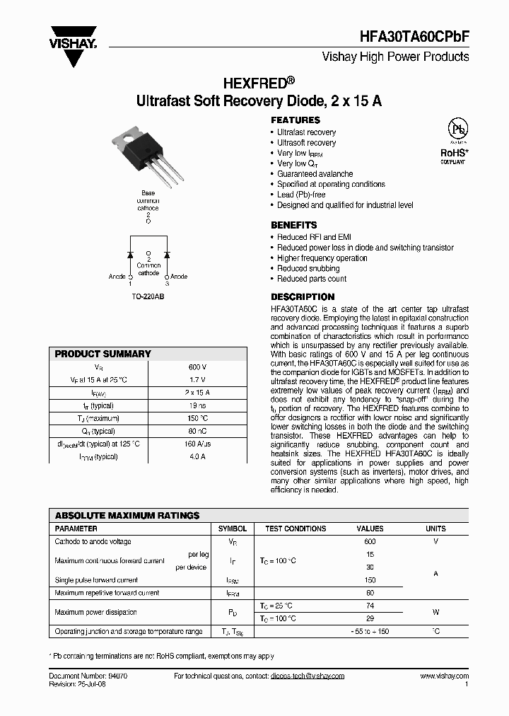 HFA30TA60CPBF_4334727.PDF Datasheet