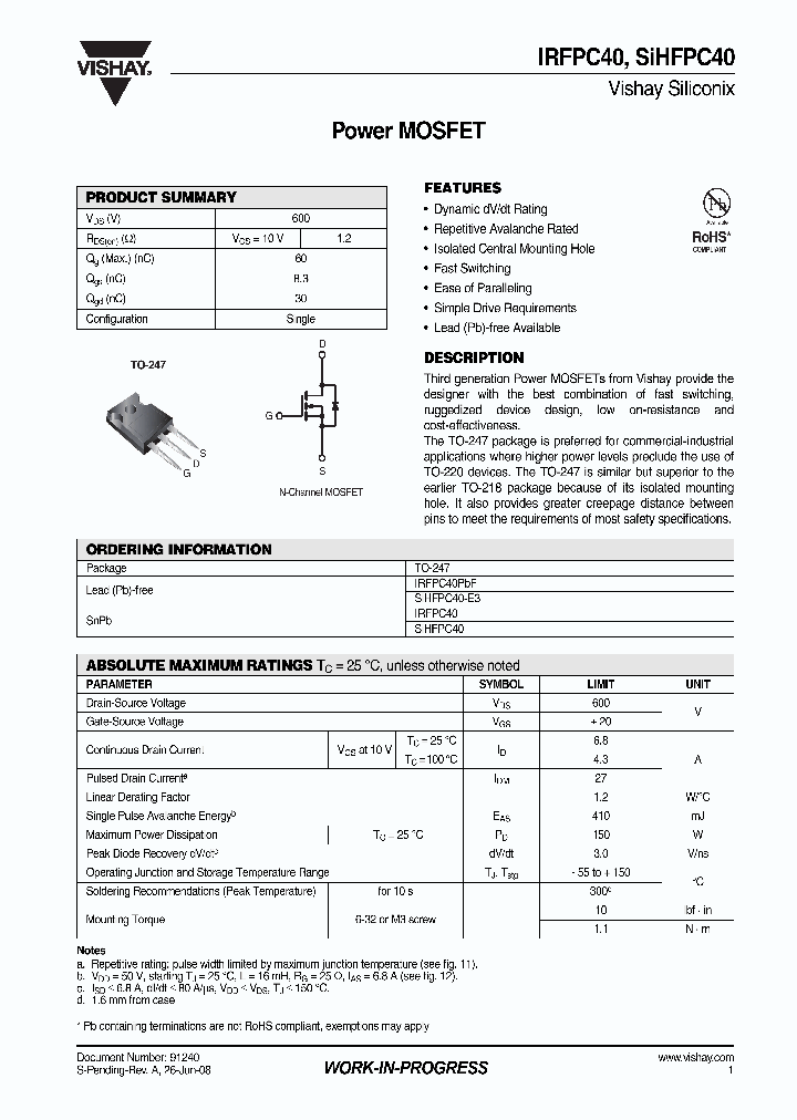 SIHFPC40-E3_4260483.PDF Datasheet