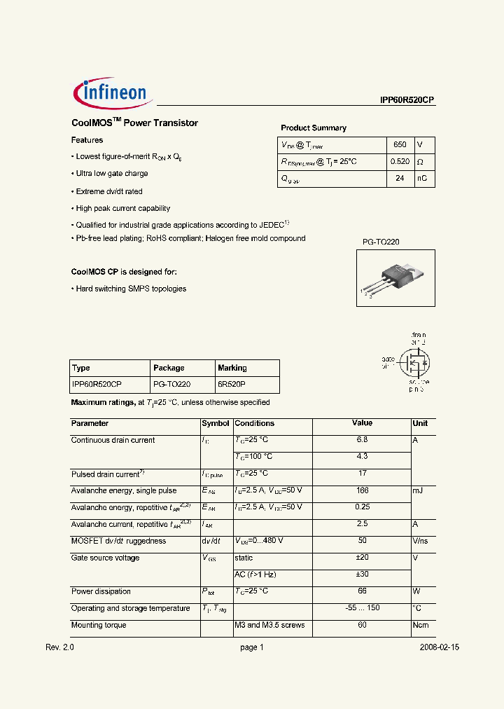IPP60R520CP_1545736.PDF Datasheet