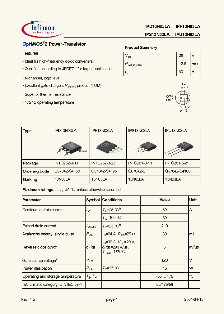 IPD13N03LA_1923920.PDF Datasheet