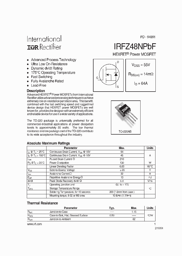 IRFZ48NPBF_2051431.PDF Datasheet