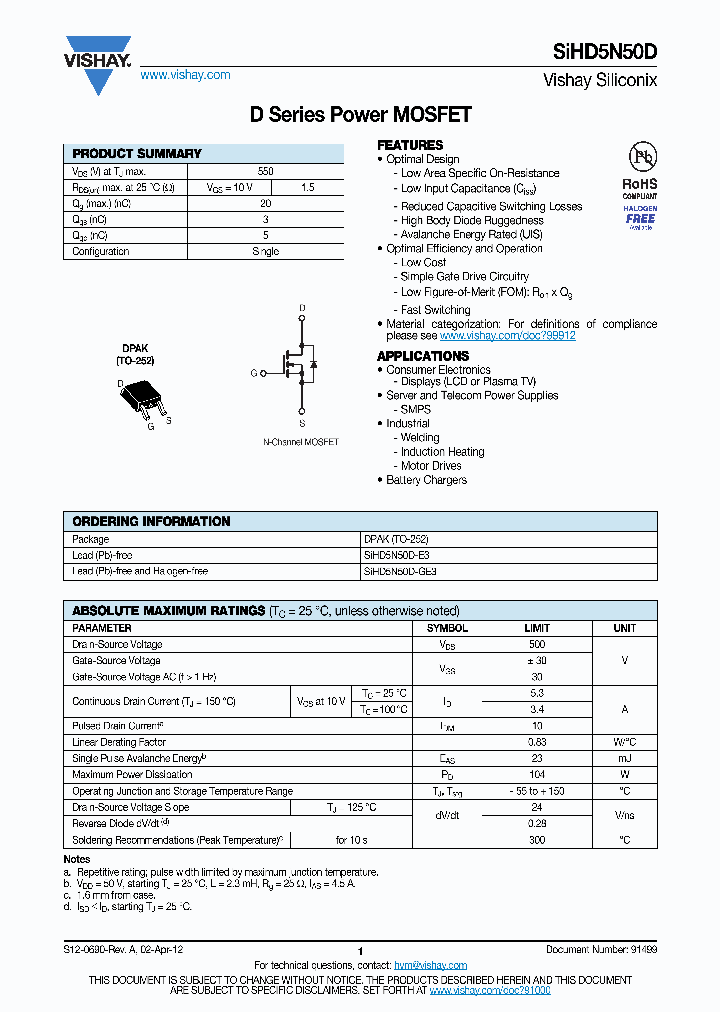 SIHD5N50D_4595534.PDF Datasheet