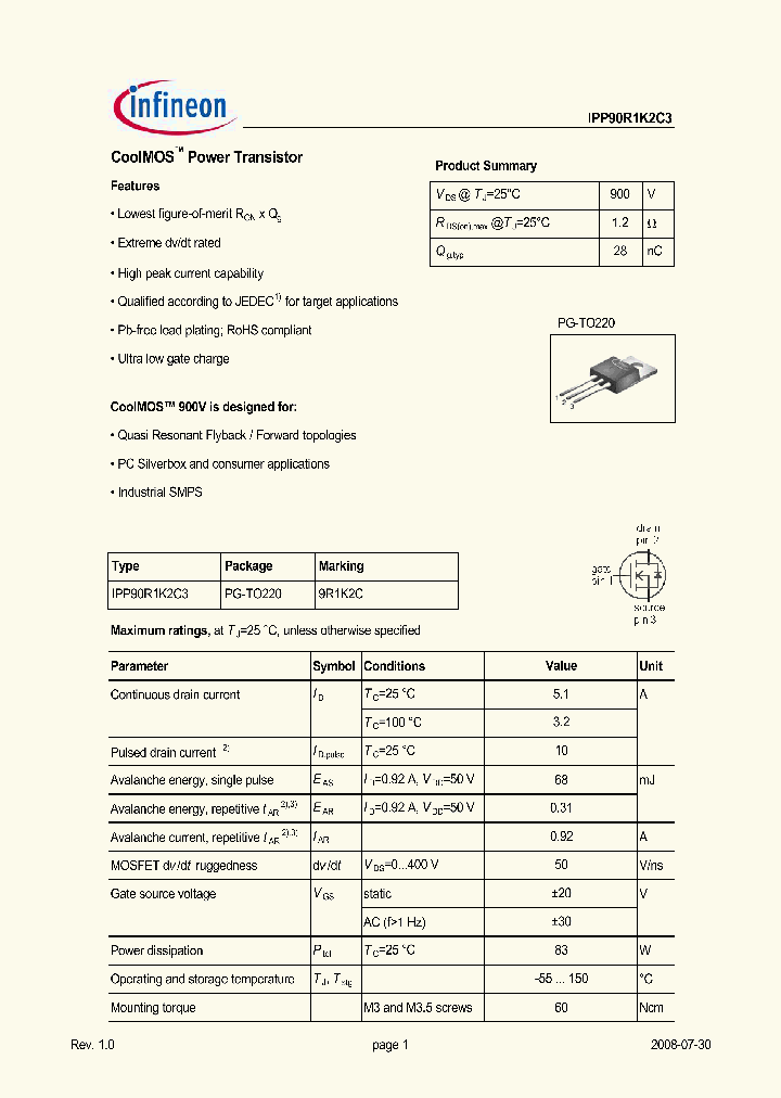 IPP90R1K2C3_6341582.PDF Datasheet