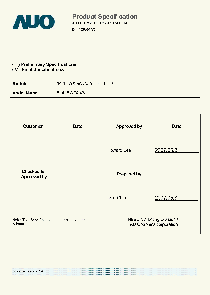 B141EW04-V3_6603848.PDF Datasheet