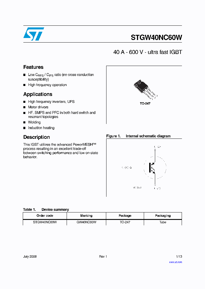 STGW40NC60W_6950578.PDF Datasheet