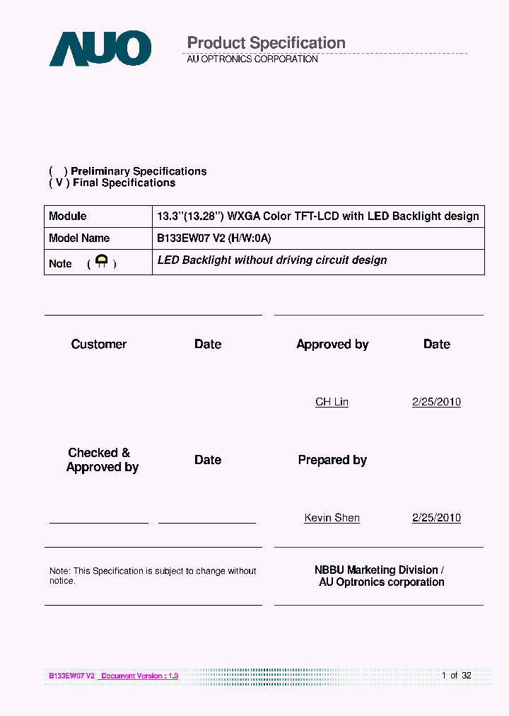 B133EW07-V2_7777148.PDF Datasheet